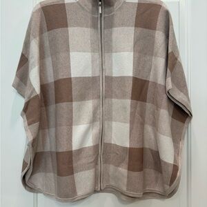 Tahari Beige and Brown Plaid Zip-Front Poncho